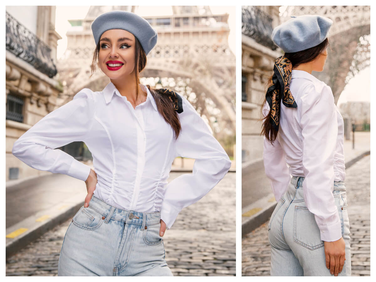 Biała bluzka wizytowa damska w stylizacji z jeansami