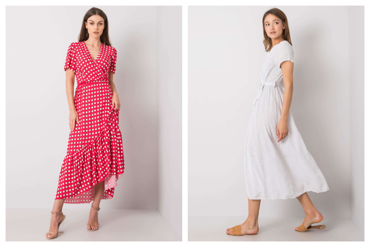 Czerwona sukienka maxi w kropki na lato